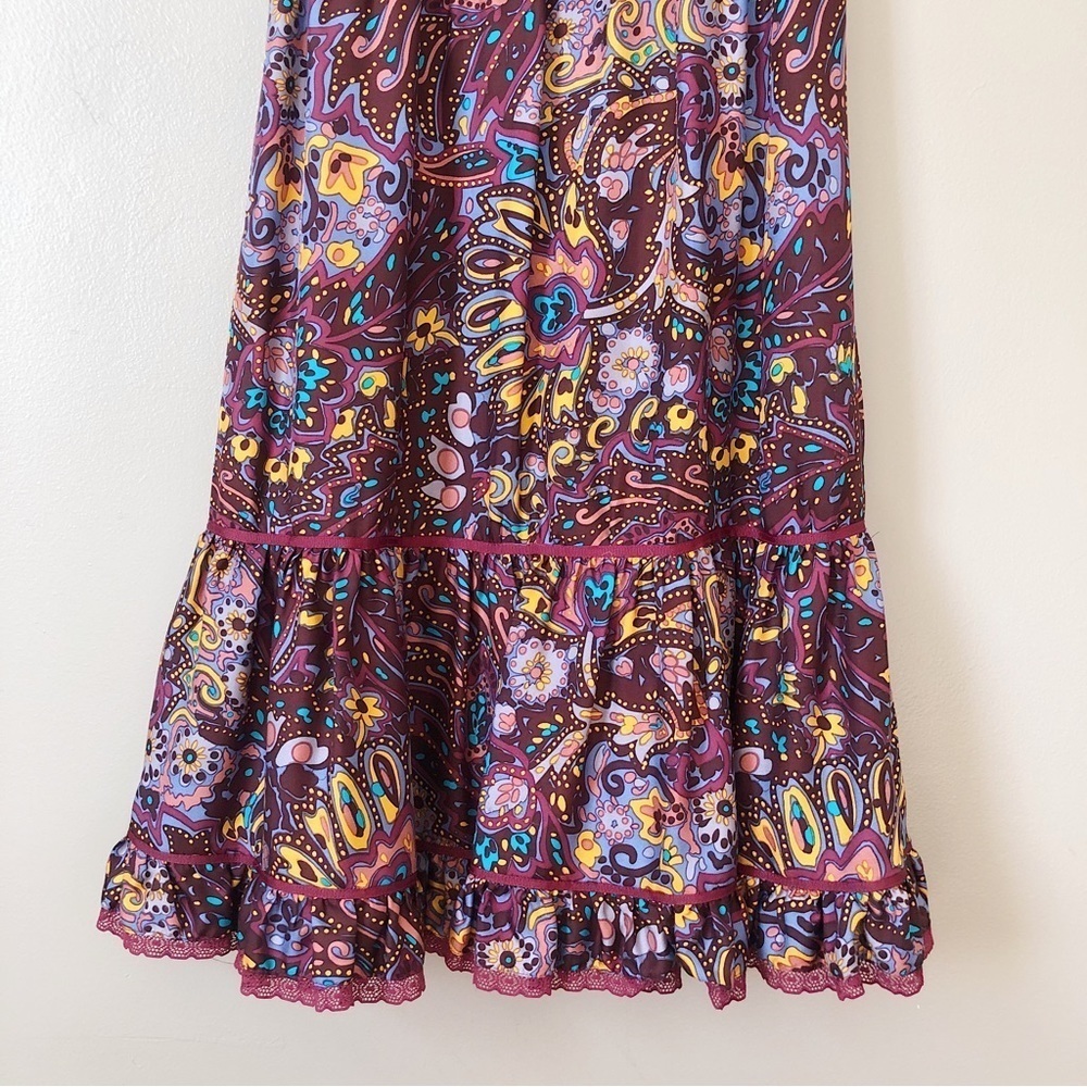 Betsey Johnson • vintage silk dress paisley midi retro 70s colorful lace peasant - Picture 6 of 11